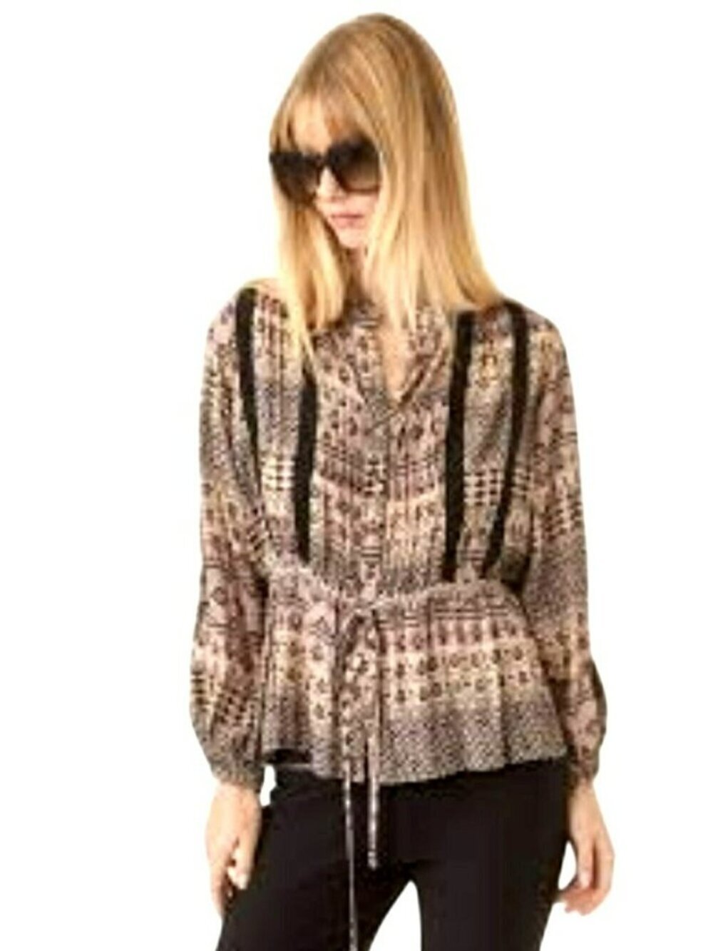 NKN Bohemian Peplum Tie Waist Blouse Lace Trim Medium New